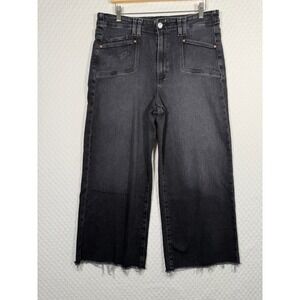 PAIGE Anessa Grunge Edgy Boho High Rise Wide Leg Jeans Fade Blk Raw Hem Fits 33